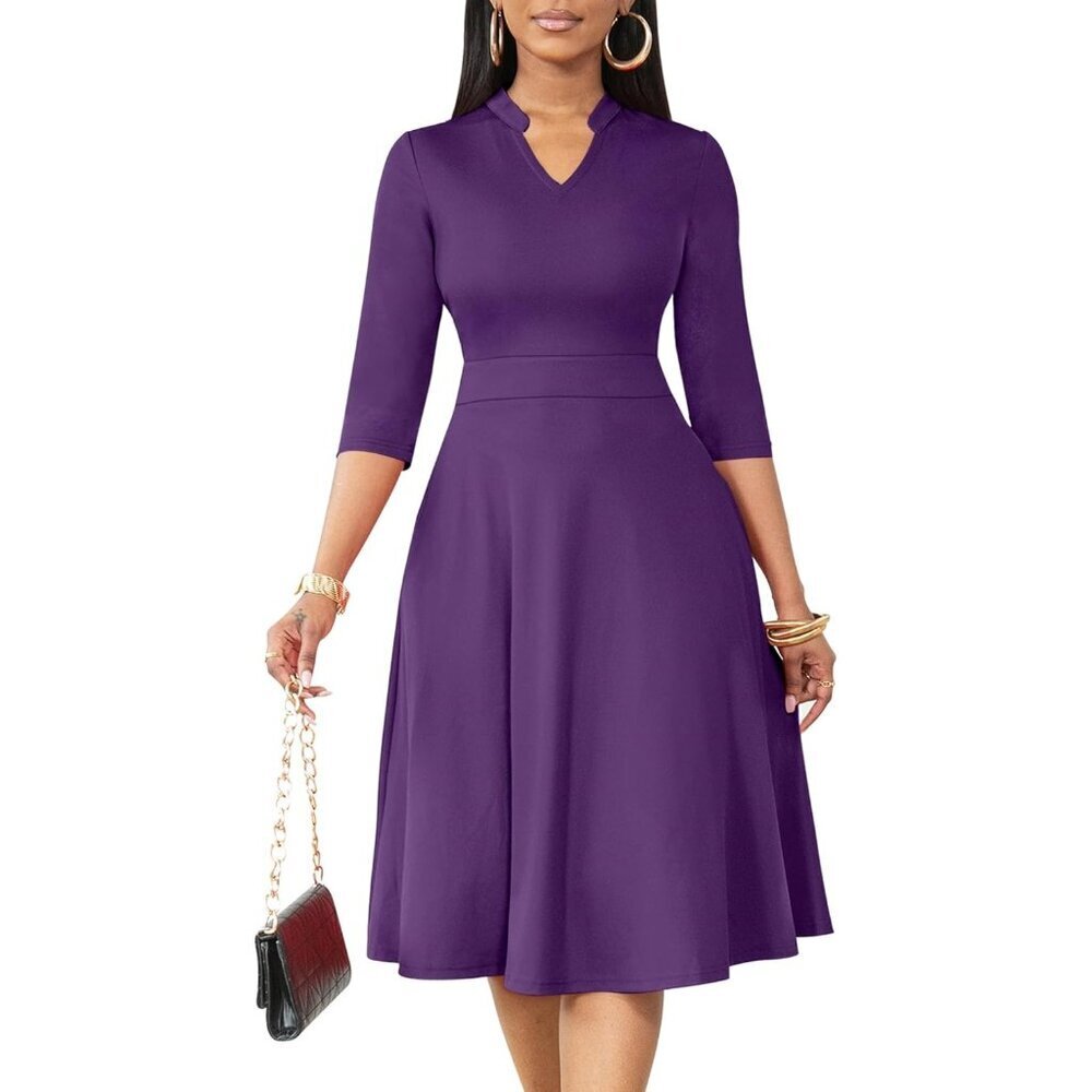 Women Purple 3/4 Sleeve Semi Formal Fit and Flare A-line  Dress with Pockets